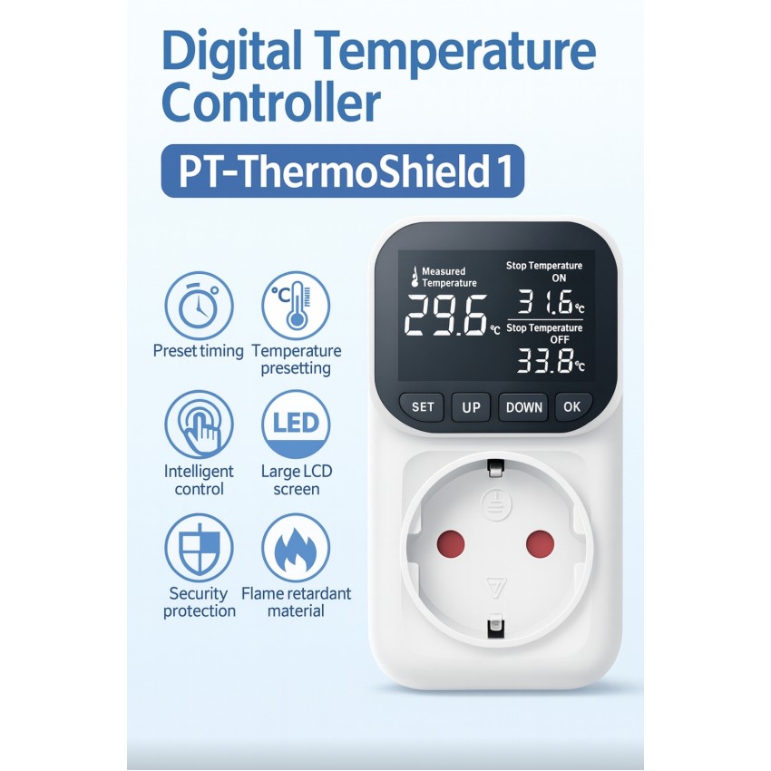 Дигитален - Термостат PT-ThermoShield 1 – Температурен Контролер - 16A за Отоплителни Кабели - Оранжерии и Палми